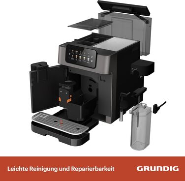 Кавомашина автоматична Grundig KVA 7230, 19 бар, сталева кавомолка (13 ступенів), капучинатор, підігрів чашок, чорний/сріблястий