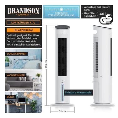 Brandson Вентилятор з водяним охолодженням 5-в-1: мобільний кондиціонер без шлангу, тихий, 4.7л, білий - Переможець 2026