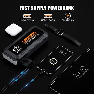 Бустер автозапуску Povasee Starthilfe Powerbank 5000A для бензинових та дизельних двигунів (до 10л), пусковий пристрій 12V з LCD-дисплеєм, USB-портами та LED-ліхтарем, сірий