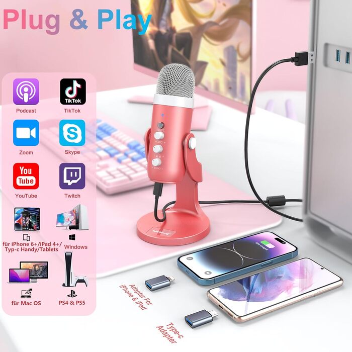 Zealsound USB мікрофон K66 для ігор, запису, стрімінгу, ASMR, подкастів, TikTok, YouTube, Twitch, з шумозаглушенням, моніторингом та кнопкою вимкнення звуку, для iPhone, смартфонів, ПК, PS4/5, рожевий