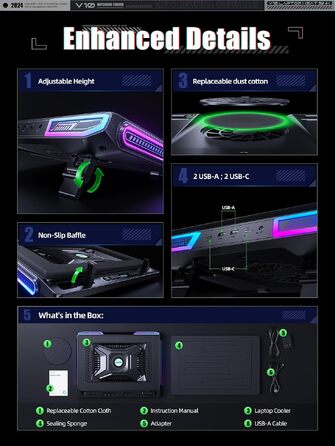 Ігровий охолоджувач для ноутбука llano V10 RGB Cooling Pad, підставка з вентиляторами, чорний