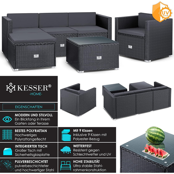КЕССЕР® Lounge Aruba з ротангу - садовий лаунж для 4-5 осіб. Комплект садово-розсудних меблів: 3-місне софа, крісло, пуф, журнальний столик з подушками для саду, тераси та балкону, антрацит.