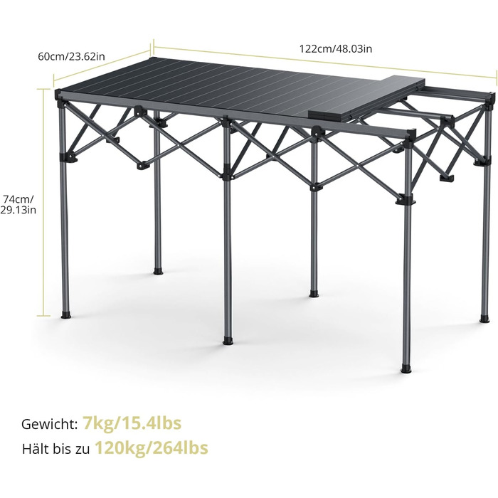 Складаний кемпінговий стіл Anbte з алюмінієвою стільницею, що згортається, 64x40 см, регульована висота (44/70 см), з сіткою для зберігання та сумкою-чохлом, чорний