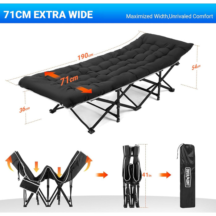 Складане польове ліжко Overmont 190x71x36 см, до 250 кг, 2400D Оксфорд з бічною кишенею і сумкою для перенесення, для кемпінгу, саду, офісу