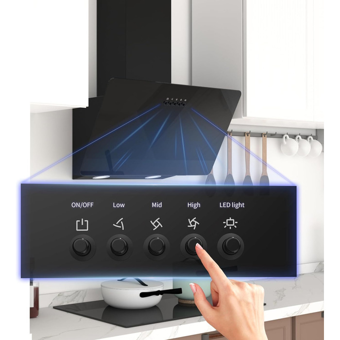 Похила витяжка для кухні FIREGAS 60 см, чорна, з LED-підсвіткою, безщеточним мотором та режимами відводу/рециркуляції повітря, клас енергоефективності A++