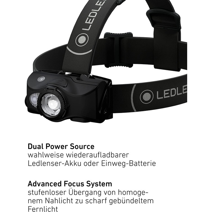 Налобний ліхтар Ledlenser MH8 600 Лм, акумуляторний, LED, чорний, для полювання та риболовлі, до 60 годин, червоне/зелене/синє світло, фокусування, 2xAA, транспортувальний замок