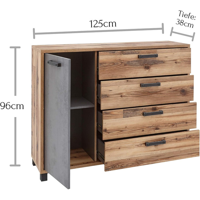 Комод Stella Trading DOVER для спальні, альпійський стиль, бетон, 125x96x38 см – сучасна тумба для зберігання