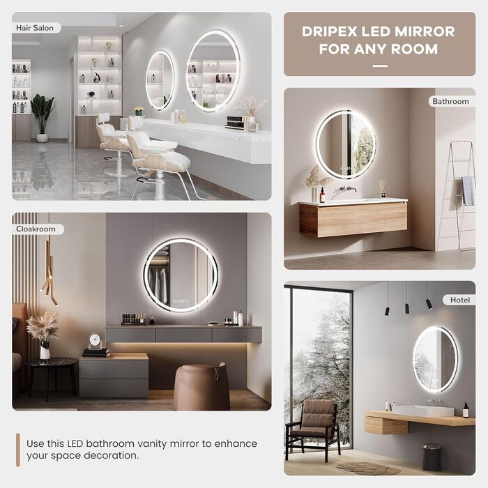 Дзеркало для ванної кімнати Dripex круглої форми з підсвічуванням LED, сенсорне управління, регулювання яскравості, 3 кольори світла, запобігання запотіванню, 50x50 см