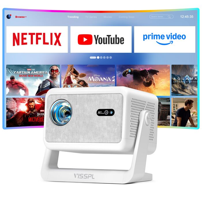 4K Smart Beamer VISSPL 30000 люмен: Проектор для дому та вулиці з Dolby Audio, автофокусом, WiFi 6, Bluetooth, 3D та підставкою