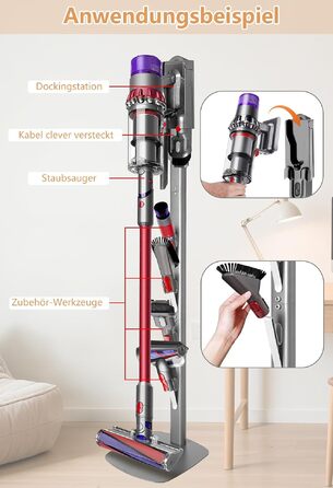 Металевий стійка-тримач для пилососа JUPELI, сумісна з Dyson V16, Gen5, V15, V12, V11, V10, V8, V7, V6 — підставка для зберігання пилососа та аксесуарів, без свердління (Сріблястий)