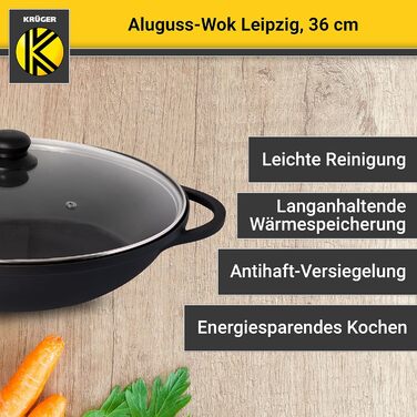 Алюмінієвий вок KRÜGER Leipzig 36 см з антипригарним покриттям, скляною кришкою та аксесуарами — ідеальний для овочів, локшини та рису