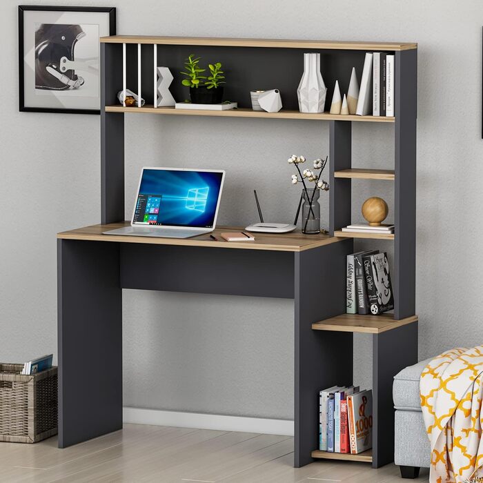 Комп'ютерний стіл HOMIDEA Olivia з полицями 114x45x139 см, антрацит, для офісу, вітальні або дитячої кімнати