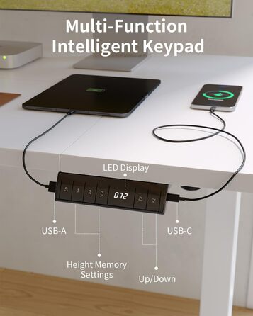 FEZIBO Стол регулируемый по высоте с USB-портами, 140 x 70 см, белый. Электрический стол для работы, эргономичный стоячий стол для дома и офиса