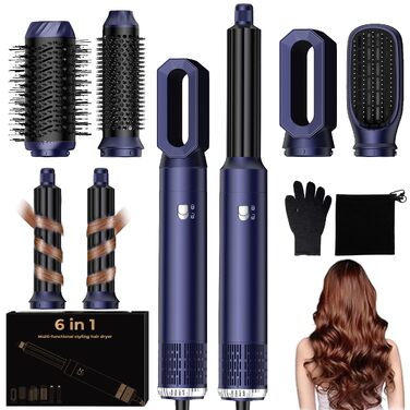 UKLISS 6-в-1 Hairstyler: Фен-щітка для волосся з насадкоми, автоматична плойка, професійний фен-розкручувач для об'єму та укладки (Синій)