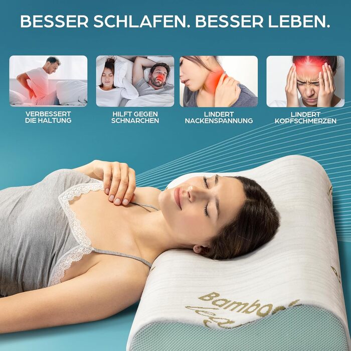 Ортопедична подушка для шиї з піни Memory Foam з Aloe Vera, знімний бамбуковий чохол. Для ліжка, при болях у шиї та підтримки хребта