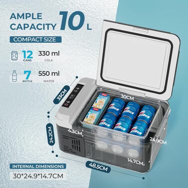 Автомобільний компресорний холодильник-морозильник EUHOMY 10Л (-20°C ~ 20°C), керування через додаток, 12/24V DC та 110-240V AC, швидке охолодження, ECO/MAX режими, для кемпінгу та подорожей