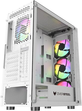 Oversteel Azurite ігровий корпус для ПК, білий, ATX/Micro ATX/ITX, 4 вентилятори 120 мм A-RGB, сітчаста передня панель, загартоване скло, USB 3.0, вертикальний монтаж