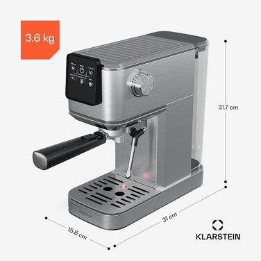 Кавоварка Klarstein SteelPresso Touch Slim з холдером, 20 бар, 1350 Вт, 1,2 л, нержавійка, компактна, цифрове управління, легке очищення, парова насадка