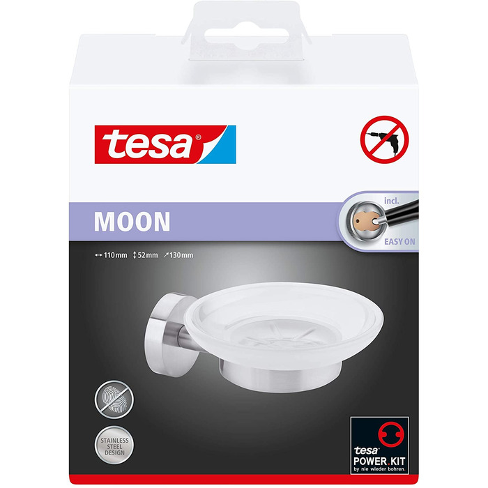Мильниця tesa MOON із настінним кріпленням, сатиноване скло та хромована нержавіюча сталь, монтаж без свердління, клейка система, 110x52x130 мм