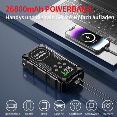 Пусковий пристрій (бустер) FNNEMGE 26800mAh 9000A з компресором 160PSI для авто 12V (бензин та дизель до 12.0L), Powerbank з LCD-екраном та LED-ліхтарем