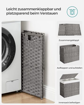 Кошик для білизни SONGMICS 160 л з кришкою, 3 секції, на колесах, знімний мішок, сіра ротанговий стиль, 70x36x66 см
