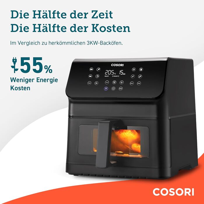 Фритюрниця повітряна COSORI Clear Blaze XXL 6,2 л, 12-в-1, з оглядовим вікном, Shake-Reminder, 80 рецептів, енергозберігаюча, чорна