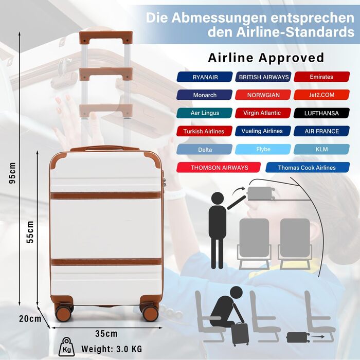 Жорсткий валізу COOLIFE 55x35x20 см для ручної поклажі Ryanair, із TSA-замком і 4 подвійними колесами, синій/коричневий