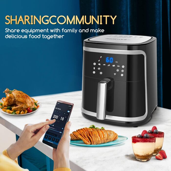 Розумна аерофритюрниця Aigostar Cube, 1900 Вт, 7 л, Wi-Fi, сенсорний LED-екран, 7 програм, 20 рецептів, DIY-меню