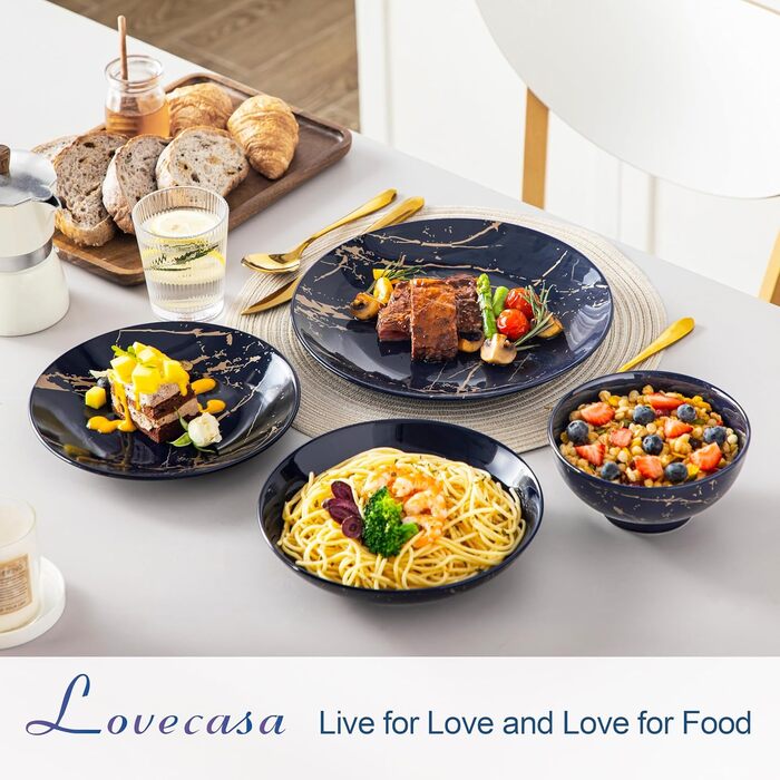 LOVECASA Tafelservice Daphne: 24-частинний набір посуду з золотим декором (Marineblau)