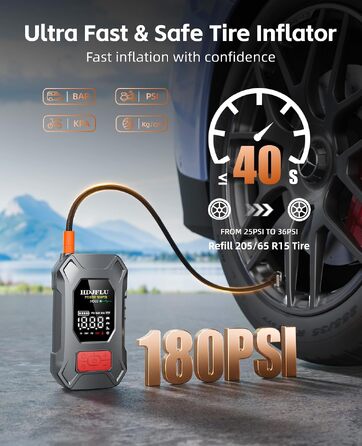 Пусковий пристрій Jump Starter 7500A з компресором 180 PSI та Powerbank 24000mAh для бензинових та дизельних авто (до 10.0L), PD65W, LED-дисплей