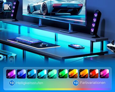 Ігровий кутовий стіл ODK Gaming з LED-підсвіткою та USB-портом, вуглецеве покриття, 168×120 см, чорний