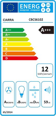 Витяжка для кухні CIARRA CBCS6102 A+++ 60см, чорна, продуктивність 650м³/год, з вугільним фільтром CBCF003, сенсорне керування, режим рециркуляції та відведення повітря