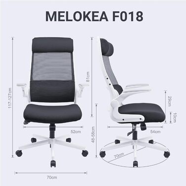 Ергономічне крісло MELOKEA для офісу з сітки, з відкидними підлокітниками, регульованим підголівником і підтримкою попереку, чорне-біле, відповідає EN 1335