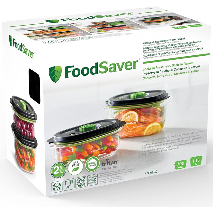 Набір вакуумних контейнерів FoodSaver Preserve & Marinate для зберігання та маринування продуктів, BPA-free, герметичні, 3 шт. (700 мл, 1.2 л, 1.8 л)