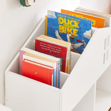 Дитяча книжкова полиця SoBuy KMB49-W у вигляді будинку, біла, з 2 тканинними ящиками, органайзер для іграшок та книг, 65x91x27 см