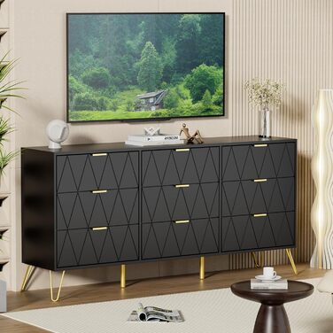Комод UEV з 9 шухлядами, 150x34x74 см, чорний, сучасний комод-сайдборд для вітальні, спальні, коридору, шафа для зберігання, тумба під ТВ, буфет