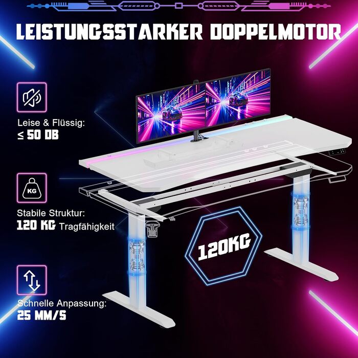 Регульований по висоті письмовий стіл Devoko 160x70 см, ігровий стіл для комп'ютера з двома моторами, LED-підсвіткою та системою кабель-менеджменту, білий