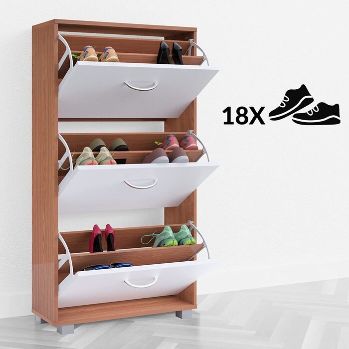 Шафа для взуття Casaria® на 18 пар, вузька, 115x60x25 см, 3 дверцята, дерев'яна, закрита, з фіксацією від перекидання, для прихожого/коридору, колір бук/білий