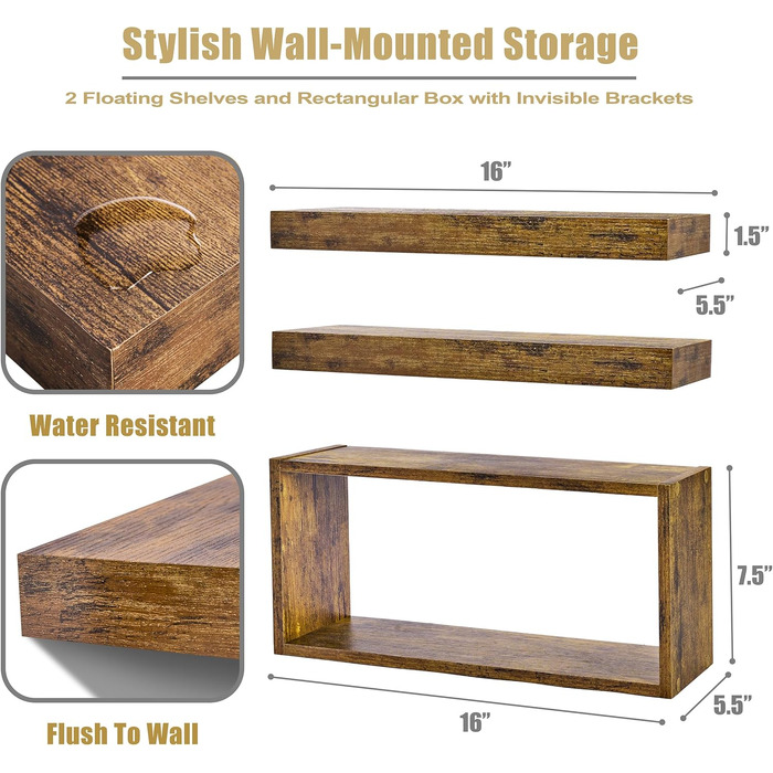 Набір плаваючих полиць Sorbus – дерев'яні настінні полиці в стилі рустік для дому, трофеїв, фотографій (Горіх, 2 полиці + коробка)