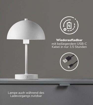 mokebo LED настільна лампа бездротова, акумуляторна, димована, USB-C, вінтажна квіткова лампа-гриб, нічник з білого металу з батареєю, тепле біле світло