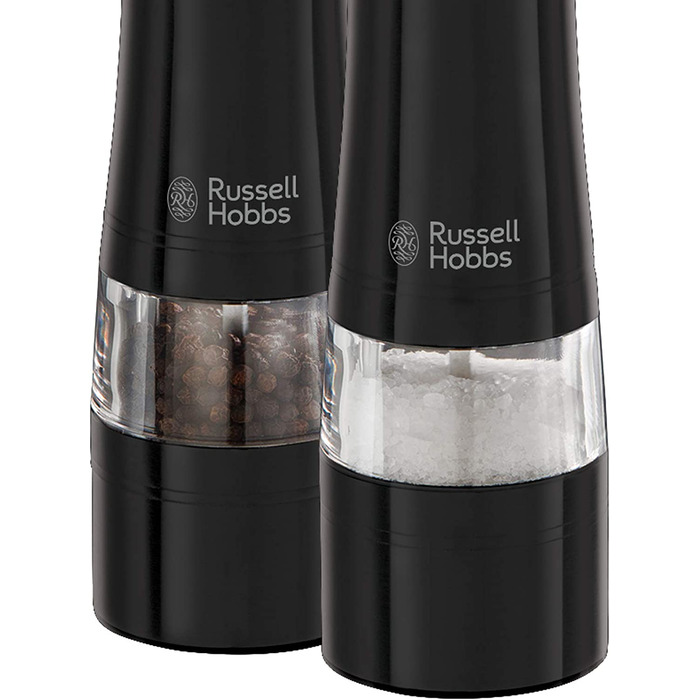 Електричний набір млинків Russell Hobbs для солі та перцю, 2 шт, керамічний механізм, регулювання помолу, LED-підсвічування, чорний, для спецій і трав, модель 28010-56