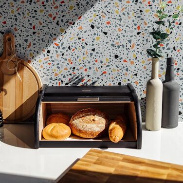 Дерев'яний хлібниця Creative Home Schwarz з роллетною кришкою, 38x28,5x17,5 см – натуральна скринька для зберігання хліба, булочок та випічки для кухні