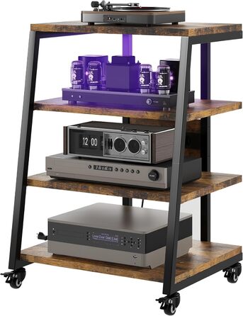 4-рівнева Hi-Fi стійка на колесах із розетками, LED-підсвіткою, регульованими полицями з дерева для аудіосистем, стерео та ТВ, 60x52x78 см