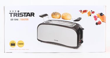 Тостер Tristar з нержавіючої сталі, 4 тости, 6 режимів підсмажування, насадка для булочок, довгі отвори, знімний піддон для крихт, функції скасування, розморожування та підігріву, модель BR-1046