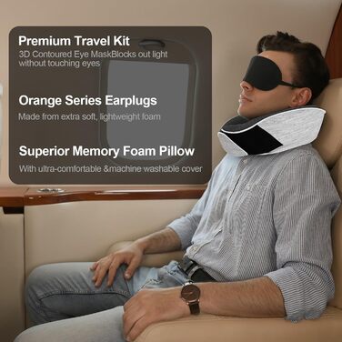 Ергономічна подушка для шиї Collazoey з ефектом пам'яті (Memory Foam) для подорожей, набір з маскою для сну, берушами та сумкою для зберігання, світло-сіра