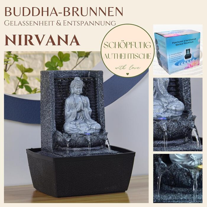 Фонтан для медитації Zen'Light Nirvana з Буддою та LED-підсвіткою. Сучасний декор для дому, Фен-Шуй, сірий, H 26 см