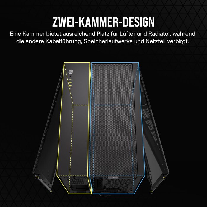 Комп'ютерний корпус CORSAIR 2500D Airflow mATX, двокамерний, без вентиляторів, підтримка зворотного підключення материнської плати, чорний, для високої гнучкості охолодження
