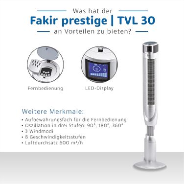 Турмовентилятор Fakir Prestige TVL 30 з пультом, 3 режими, 8 швидкостей, 360° осциляція, таймер, LED-дисплей, 40 Вт, сріблястий, тихий