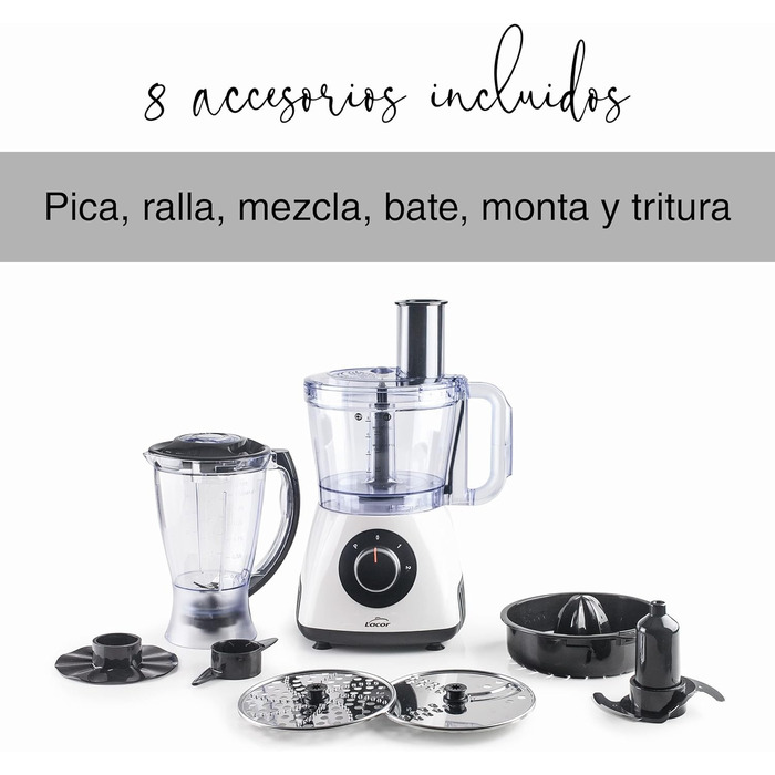 Кухонна машина Lacor MultiGenius 100% BPA-free, багатофункціональна, змінна швидкість, 8 насадок, захист, для посудомийки, біла