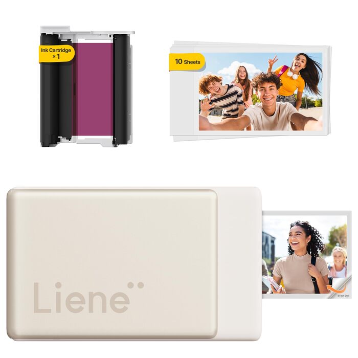 Портативний міні-фотопринтер Liene Pearl N200 Pro з технологією сублімації, Bluetooth, 300 dpi, для iPhone та Android, з 50 фото (5x7,6 см) та 5 картриджами, акумулятор, золото
